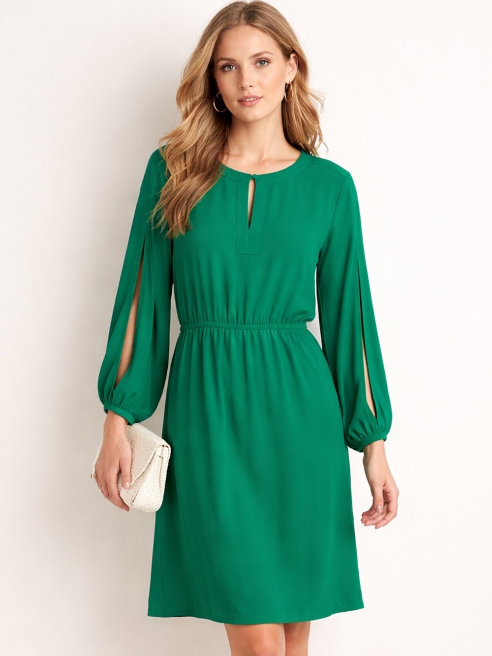 Ann Taylor Loft Emerald Green Long Open Sleeve Dress Elastic Waist